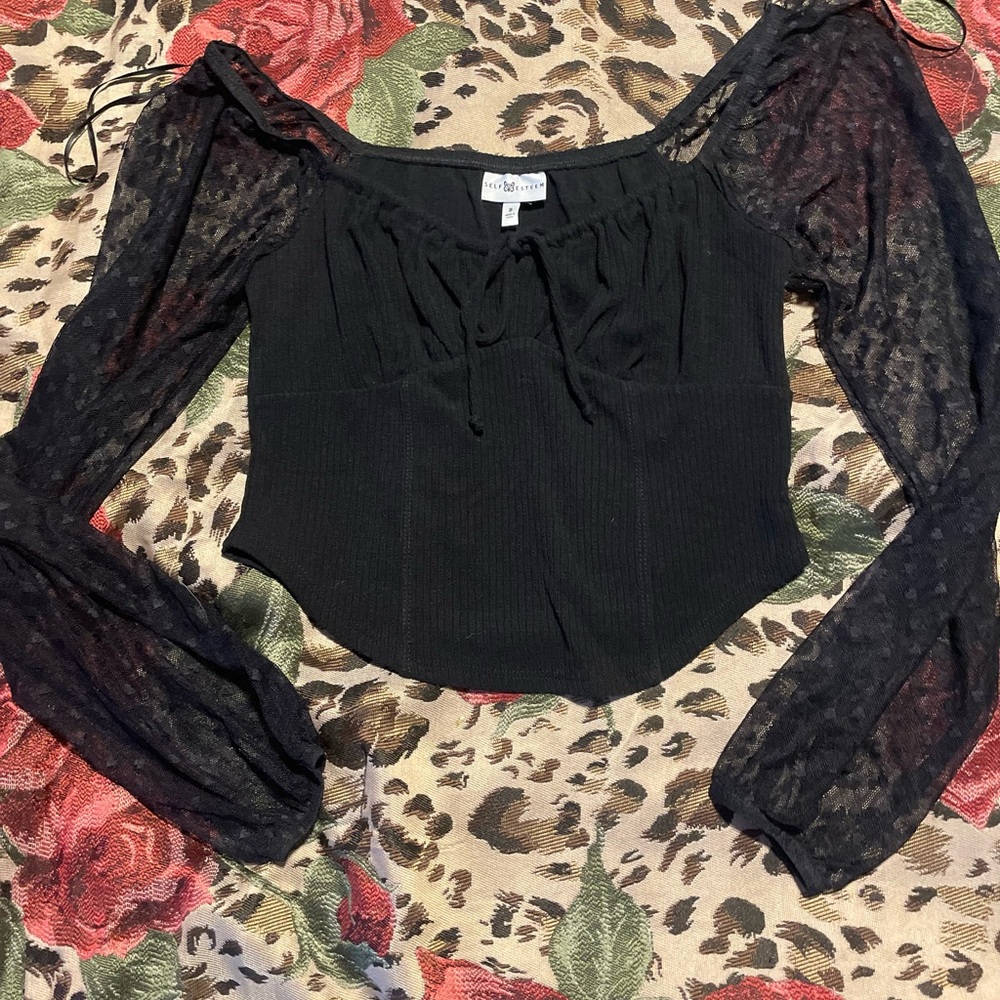Free People Black Puff Sleeve Blouse with Tie Front